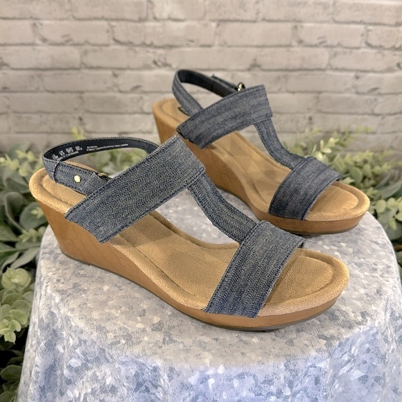 Dr. Scholl’s “Byron” Blue Denim Open Toe H-Band Wedge Sandals WMS 7.5M💙EUC - Picture 10 of 10